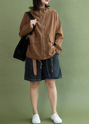 Women hooded Plus Size Long coats chocolate drawstring cotton short jackets fall - SooLinen