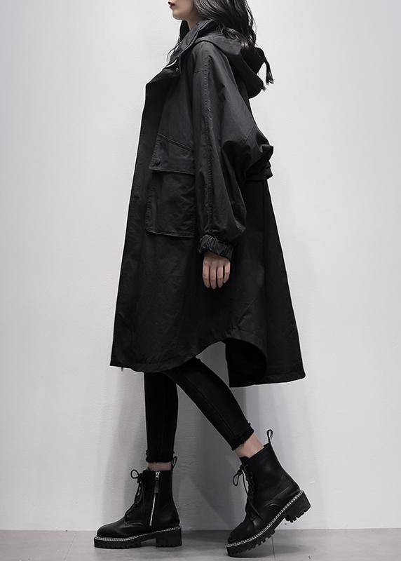 Women hooded Ruffles pockets trench coat black oversized outwear - SooLinen