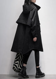 Women hooded Ruffles pockets trench coat black oversized outwear - SooLinen