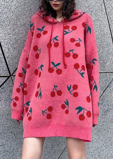 Women hooded drawstring Sweater dresses Street Style pink Cherry print Mujer sweater dress - SooLinen