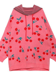 Women hooded drawstring Sweater dresses Street Style pink Cherry print Mujer sweater dress - SooLinen