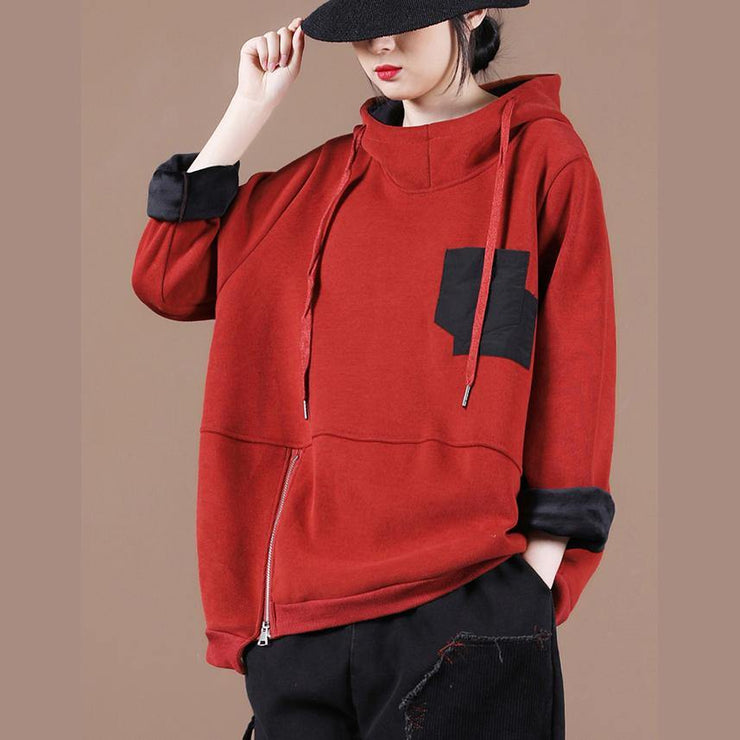 Women hooded patchwork clothes For Women Work Outfits red thick shirt - SooLinen