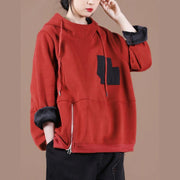 Women hooded patchwork clothes For Women Work Outfits red thick shirt - SooLinen