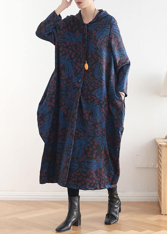 Women hooded patchwork fine coat for woman blue print tunic coats fall - SooLinen