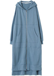 Women hooded side open Fashion Coats blue daily coats - SooLinen