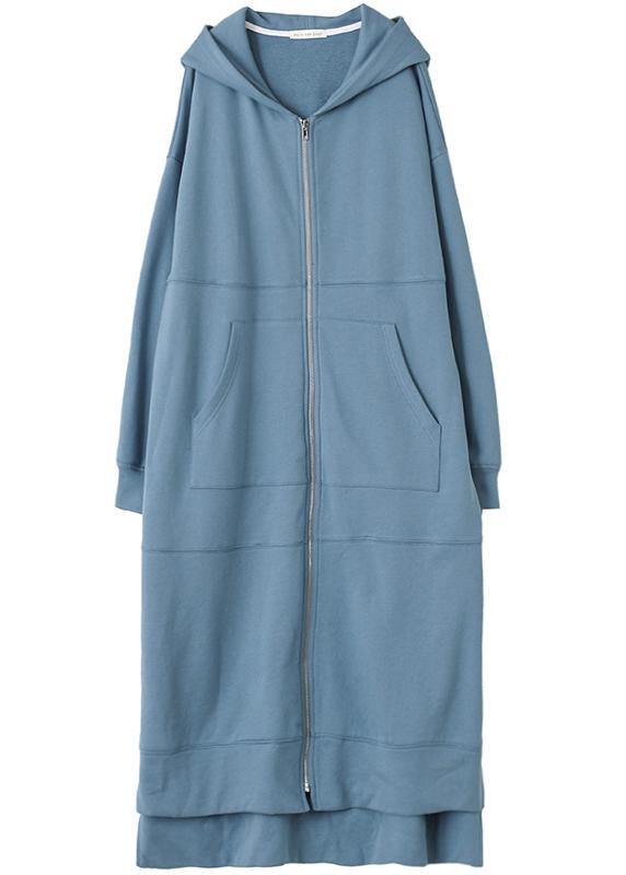 Women hooded side open Fashion Coats blue daily coats - SooLinen