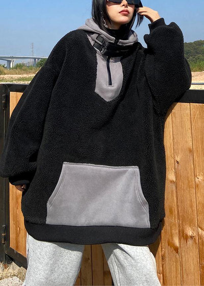 Women hooded zippered spring clothes black fuzzy wool tops - SooLinen