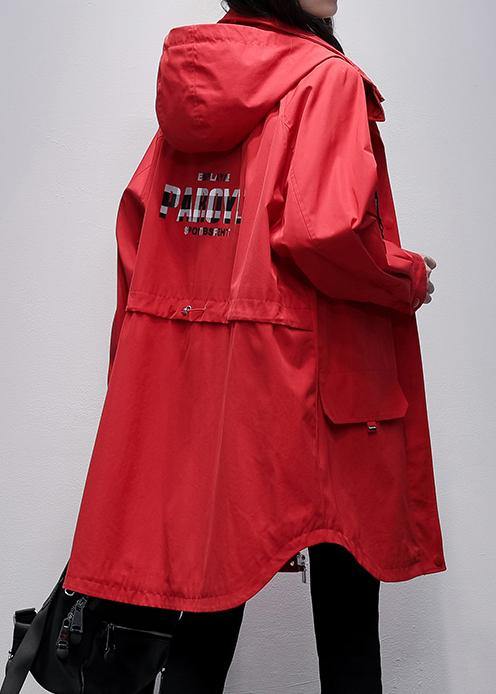 Women hooded zippered  crane coats red Letter Midi outwear - SooLinen