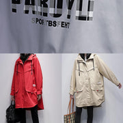 Women hooded zippered  crane coats red Letter Midi outwear - SooLinen