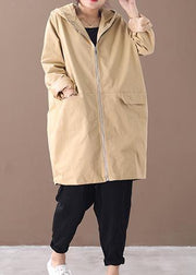 Women khaki Fashion trench coat Work hooded zippered fall coat - SooLinen