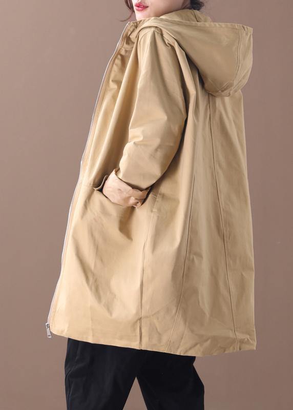 Women khaki Fashion trench coat Work hooded zippered fall coat - SooLinen