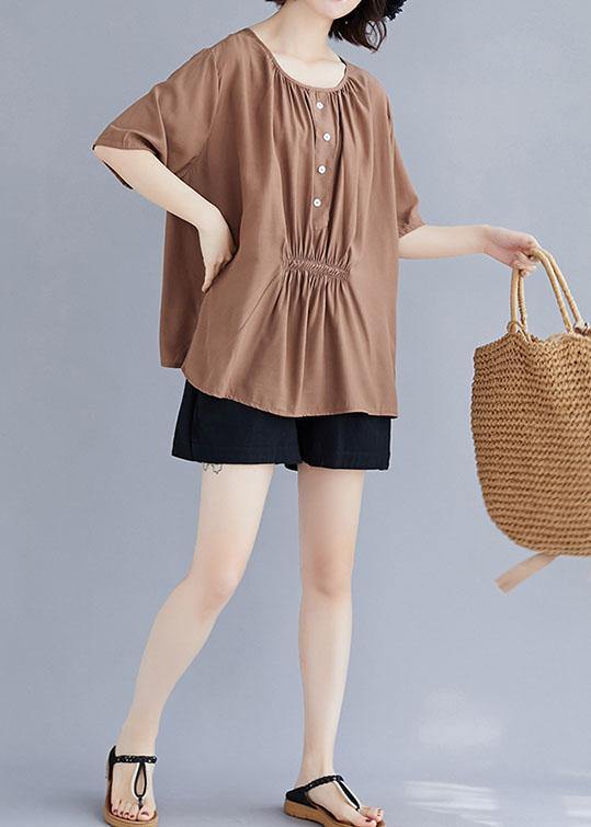 Women khaki cotton clothes o neck half sleeve box summer top - SooLinen