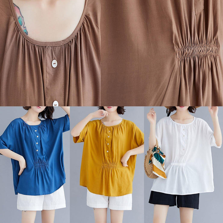 Women khaki cotton clothes o neck half sleeve box summer top - SooLinen