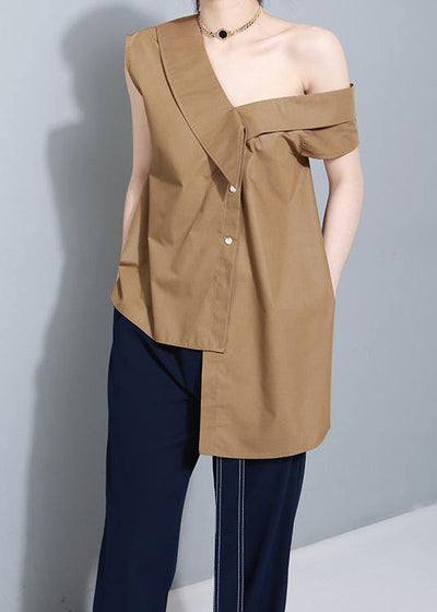 Women khaki cotton clothes tie waist Art summer asymmetric off the shoulder shirt - SooLinen