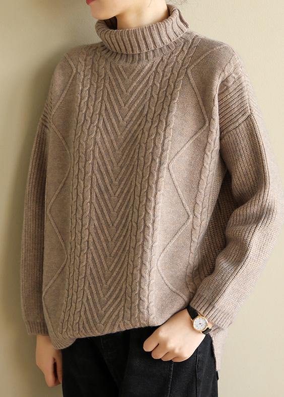 Women khaki knitted top cable trendy plus size high neck sweaters - SooLinen