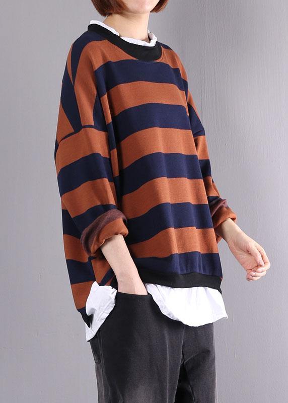 Women khaki striped cotton tunics for women false two pieces daily autumn shirt - SooLinen