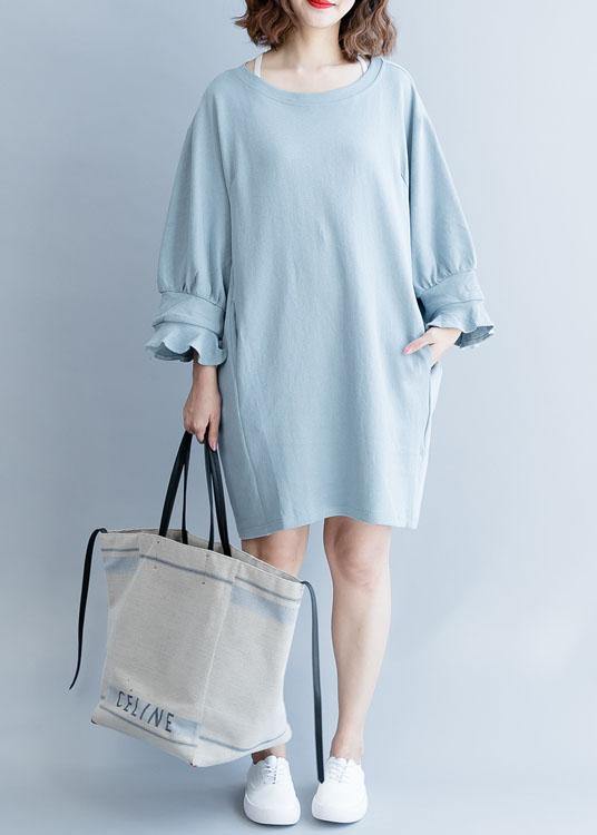Women lantern sleeve Cotton dress Inspiration light blue Dress fall - SooLinen