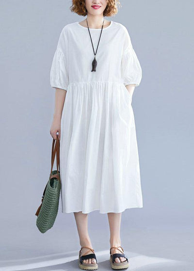 Women lantern sleeve cotton Tunics Sewing white cotton Dress summer - SooLinen