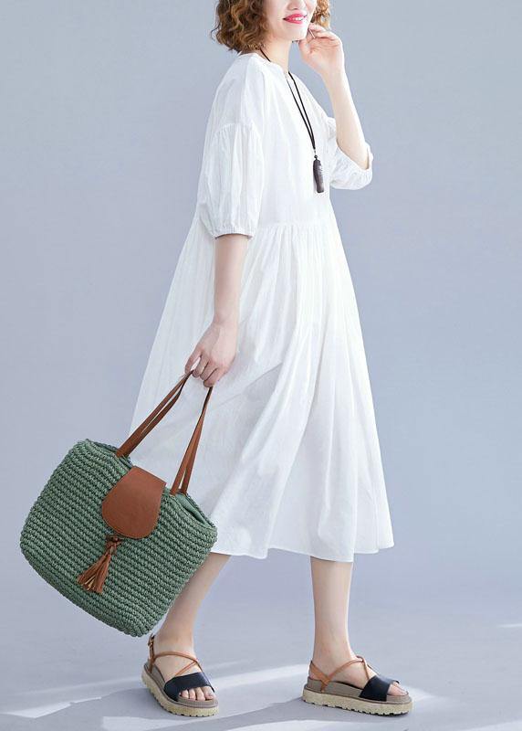 Women lantern sleeve cotton Tunics Sewing white cotton Dress summer - SooLinen