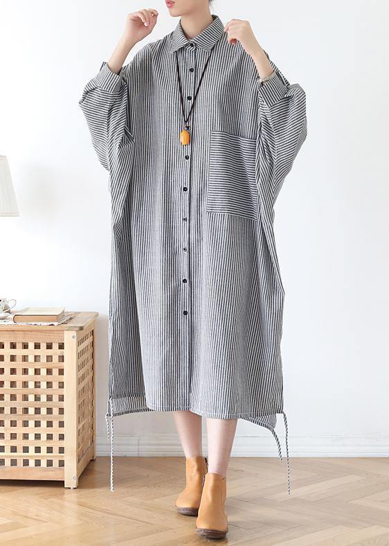 Women lapel Batwing Sleeve fall tunic pattern Fashion Ideas black striped Plus Size Dresses - SooLinen