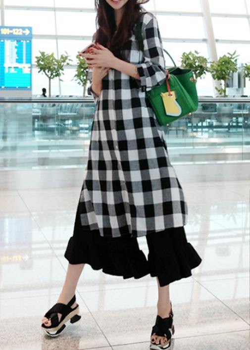 Women lapel Button Down cotton linen Tunics Inspiration plaid Dresses - SooLinen