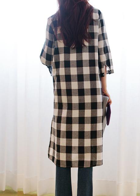 Women lapel Button Down cotton linen Tunics Inspiration plaid Dresses - SooLinen