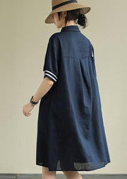 Women lapel Button Down linen summer Robes design navy striped Dresses - SooLinen