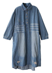 Women lapel Hole spring outfit Shape denim blue Dresses - SooLinen
