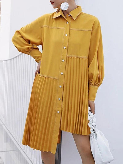 Women lapel asymmetric Cotton clothes Outfits yellow Dresses - SooLinen