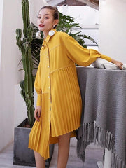 Women lapel asymmetric Cotton clothes Outfits yellow Dresses - SooLinen