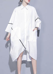 Women lapel asymmetric Tunics Tutorials white Dress - SooLinen