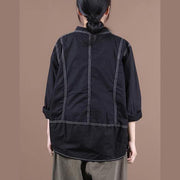 Women lapel baggy blouses for pattern black top - SooLinen