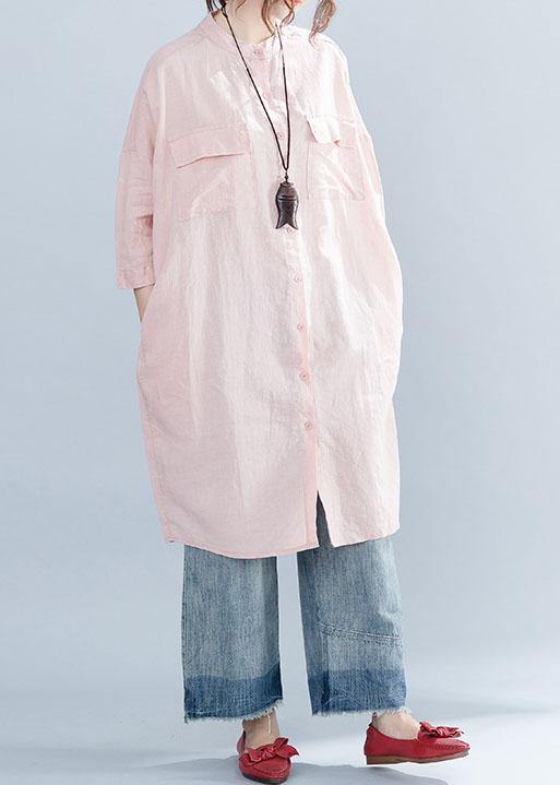Women lapel collar linen clothes For Women Inspiration pink Dresses summer - SooLinen