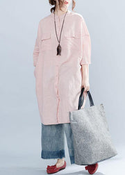 Women lapel collar linen clothes For Women Inspiration pink Dresses summer - SooLinen