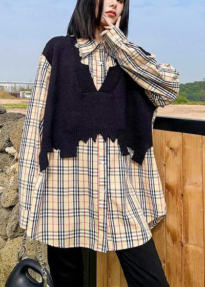 Women lapel false two pieces spring clothes plaid tops - SooLinen