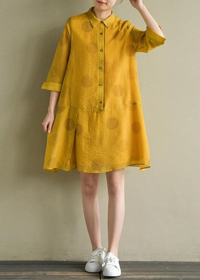 Women lapel half sleeve linen Robes Outfits yellow dotted Dress summer - SooLinen