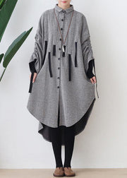 Women lapel low high design cotton tunic top Work gray Robe Dresses - SooLinen