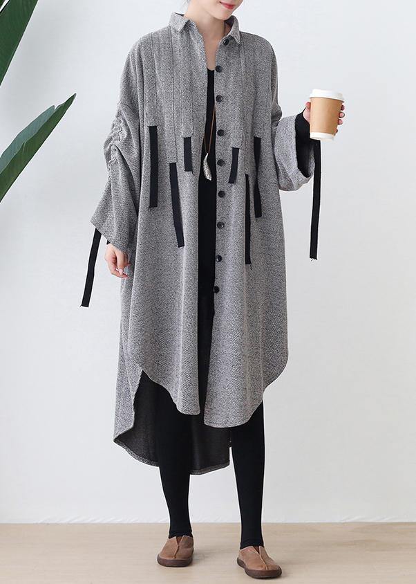 Women lapel low high design cotton tunic top Work gray Robe Dresses - SooLinen
