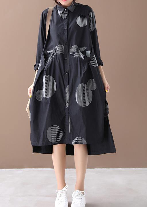Women lapel low high design spring clothes For Women Tutorials black dotted Dresses - SooLinen