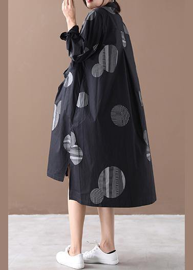 Women lapel low high design spring clothes For Women Tutorials black dotted Dresses - SooLinen