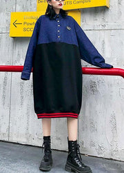 Women lapel patchwork Cotton clothes For Women pattern black Dress - SooLinen