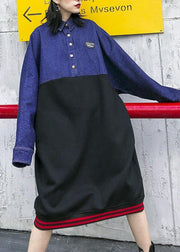 Women lapel patchwork Cotton clothes For Women pattern black Dress - SooLinen