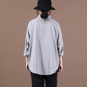 Women lapel pockets clothes Inspiration light gray plaid shirts - SooLinen