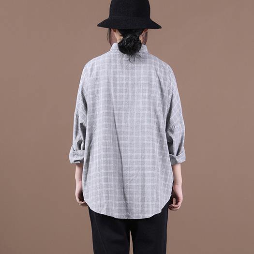 Women lapel pockets clothes Inspiration light gray plaid shirts - SooLinen