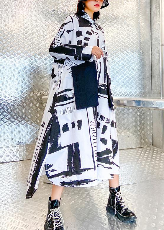 Women lapel pockets fall Tunics pattern black white print long Dresses - SooLinen