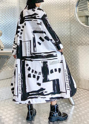 Women lapel pockets fall Tunics pattern black white print long Dresses - SooLinen