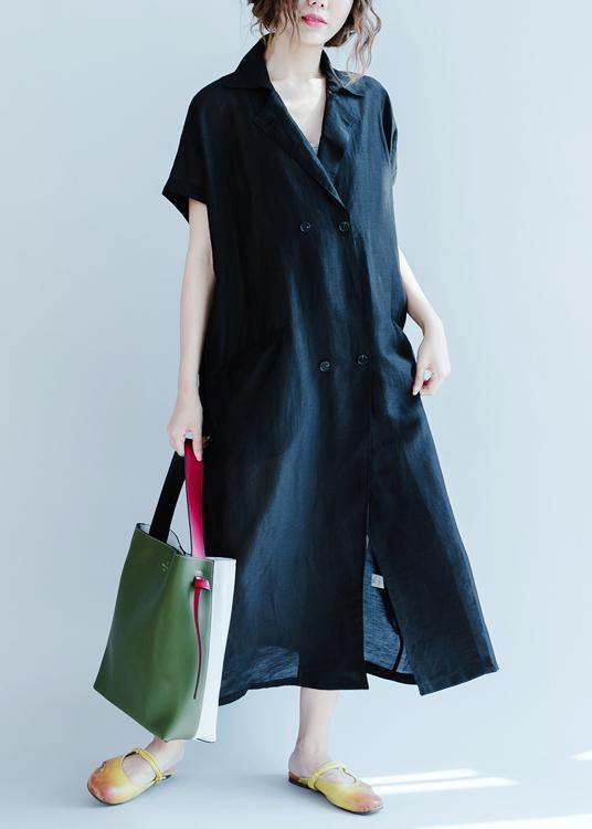 Women lapel pockets summer clothes design black Dress - SooLinen