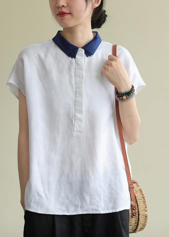 Women lapel side open linen clothes Cotton white shirt - SooLinen