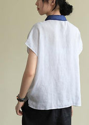Women lapel side open linen clothes Cotton white shirt - SooLinen