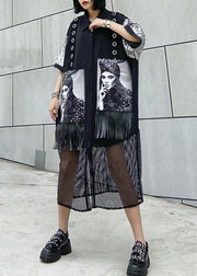 Women lapel tassel cotton summerTunic Tutorials black Maxi Dress - SooLinen